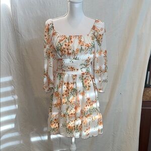 Elegant Floral Long Sleeve Dress in White and Orange